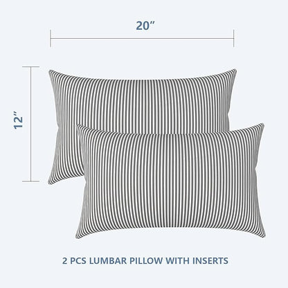 LVTXIII 12×20 Inch Outdoor Lumbar Pillows, Pack of 2 Water Repellent Lumbar Pillow with Inserts, Fluffy Decorative Garden Lumbar Cushions for Home Patio Coach Sofa Use, Topanga Stripe Grey