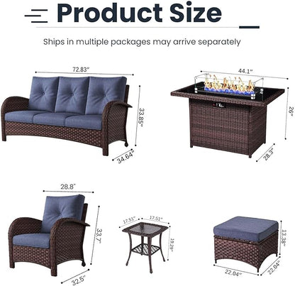 7 Pieces Patio Furniture Sets with Fire Pit Table, Wicker Rattan High Back Outdoor Armchairs Set with 3-Seat Couch, Ottomans and Side Table