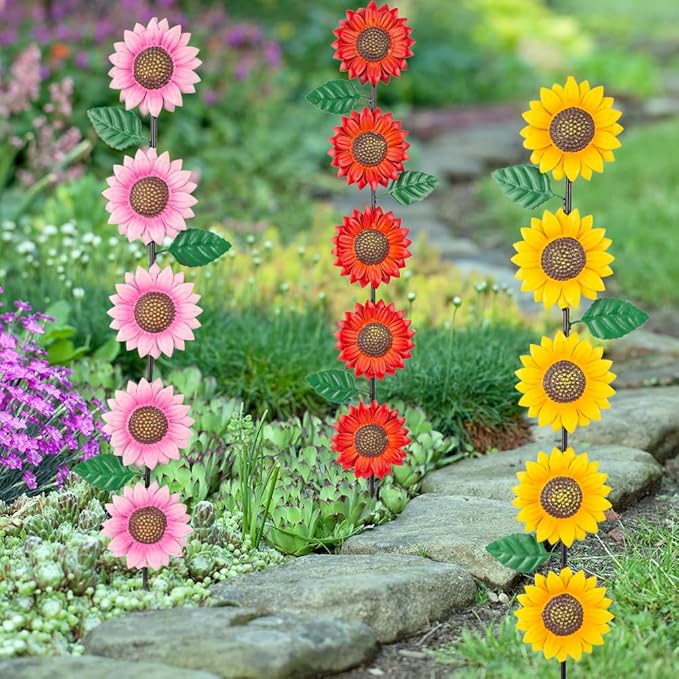 Garden Decor for Outside,3 Pack Sunflowers Metal Yard Art Decorative Garden Stakes,Metal Flowers Spring Garden Stakes Decor,Landscape,Patio(22.6 * 4.7IN)