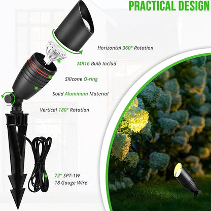 wowlite Landscape Spotlights Outdoor, 12V Low Voltage Landscape Lighting Fixture with 5W MR16 LED Bulb, Black Aluminum Yard Directional Uplights Waterproof for House Trees Patio