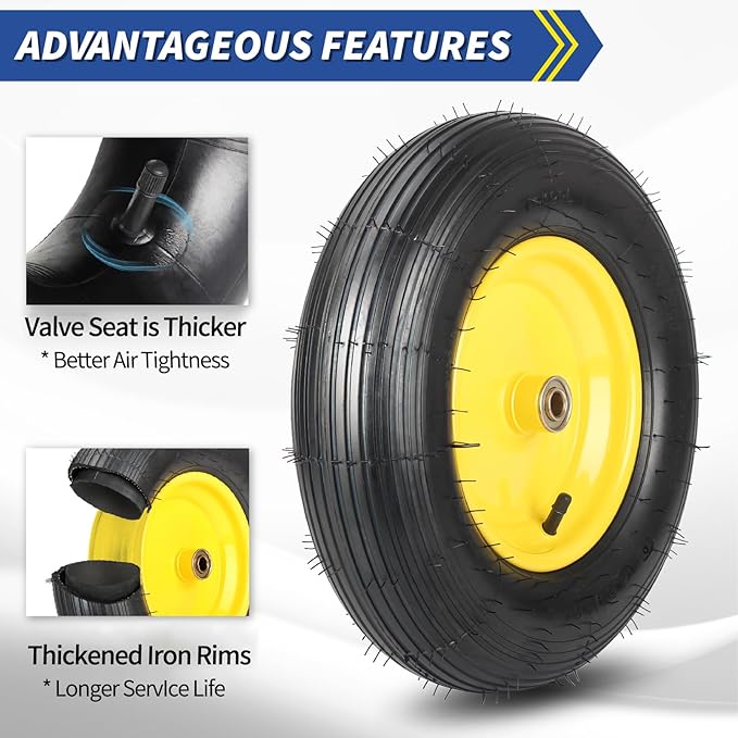 (2 Pack)4.80/4.00-8 Wheelbarrow Tire and Wheel, 16" Rubber Pneumatic Wheel, 3" -6" Centered Hub, 5/8" & 3/4" Bearings, for Hand Truck, Trolley, Garden Cart, Wagons【Explorer Series】