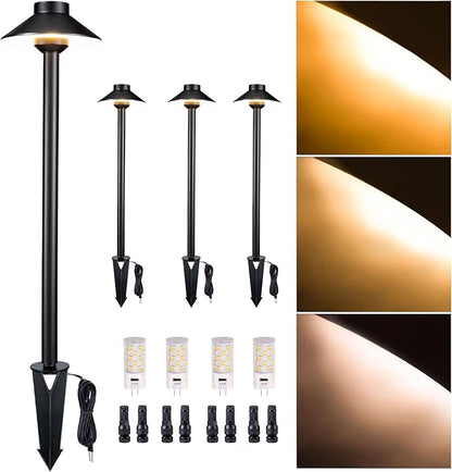 Gardenreet Outdoor Brass Pathway Lights, 2700K/3000K/4000K Adjustable Low Voltage Landscape Path Lighting Wired, 12v Walkway Light LED Waterproof, Black for Outside Garden Yard with G4 Bulb (4 Pack)