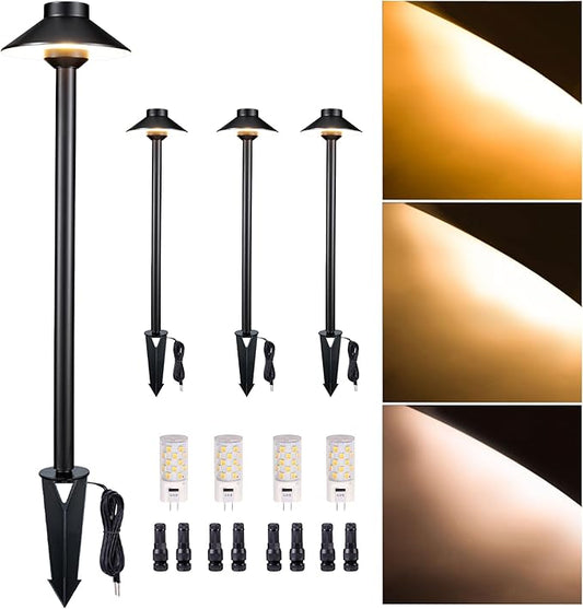Gardenreet Outdoor Brass Pathway Lights, 2700K/3000K/4000K Adjustable Low Voltage Landscape Path Lighting Wired, 12v Walkway Light LED Waterproof, Black for Outside Garden Yard with G4 Bulb (4 Pack)