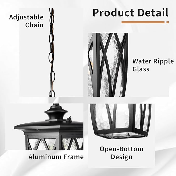 JYZ Dusk to Dawn Outdoor Pendant Lantern, 15 Inch Craftsman Style Large Exterior Hanging Light with Water Ripple Glass, Traditional Outdoor Chandelier for Front Porch Gazebo Patio Garden
