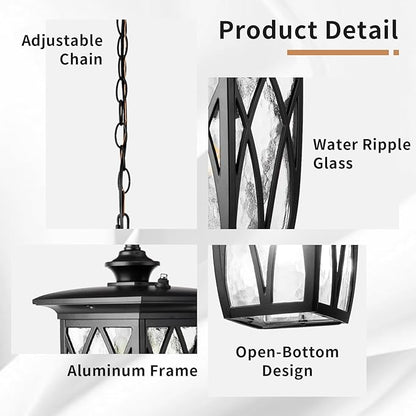 JYZ Dusk to Dawn Outdoor Pendant Lantern, 15 Inch Craftsman Style Large Exterior Hanging Light with Water Ripple Glass, Traditional Outdoor Chandelier for Front Porch Gazebo Patio Garden