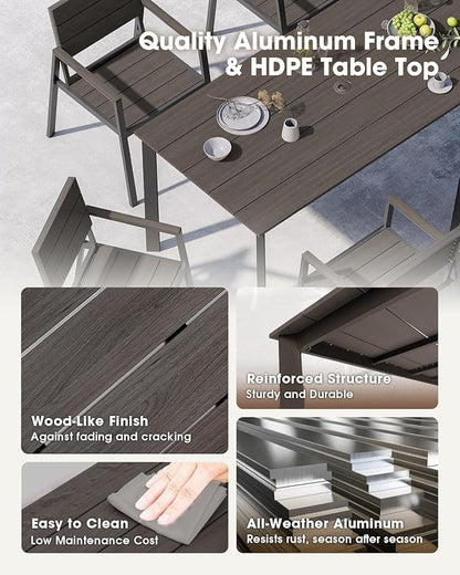 Patio Outdoor Dining Set for 6, Aluminum 7 Piece HDPE Outdooor Table and Chairs Set with Umbrella Hole, Modern Rectangular Patio Furniture Set with All-Weather Table & 6 Chairs (Charcoal)