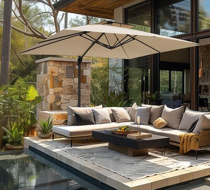 PHI VILLA 9'x 12' Large Patio Umbrella, Outdoor Aluminum Cantilever Umbrella with Double Top Rectanglar Canopy, Windproof Hydraulic Offset Umbrella for Pool, Deck, Garden, Beach, Porch, Beige