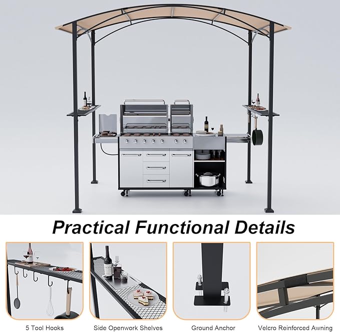 Gotland 8'x 5' Outdoor Grill Gazebo, BBQ Canopy Shelter with 2 Metal Openwork Shelving Units & 5 Tool Hooks, Curved Waterproof Top for Party, Backyard, Poolside Khaki