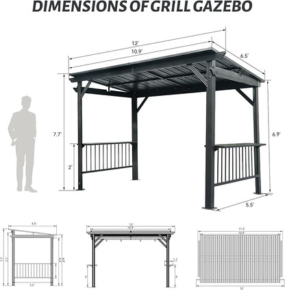 Domi 6.5x12FT Hardtop Grill Gazebo, Outdoor BBQ Gazebo with 2 Side Shelves and Ceiling Hook, Outdoor Grill Canopy with Galvanized Steel Slope Roof for Patio Lawn Backyard Deck, Grey