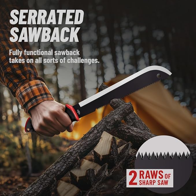 Machete with Saw - 19” Heavy Duty Tool & Sheath - Ergonomic No-Slip Handle - Survival Knife with Serrated Blade - Machetes for Bushcraft Hunting Garden Cutting Trees and Yard Work
