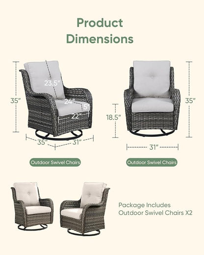 HUMMUH Outdoor Swivel Rocker Wicker Patio Chairs Set of 2, Rattan Rocking Chair Furniture Set (Grey,Beige)
