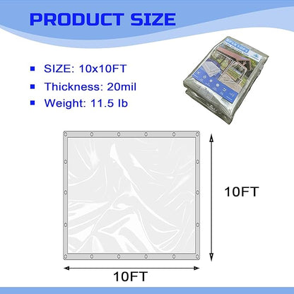 Clear Tarp 10 x10FT, 20 Mil Clear Vinyl Tarp, Small Cover Plastic Sheeting with Grommets, Double-Stitched Reinforced Edges, Heavy Duty Tarps Waterproof and Tearproof