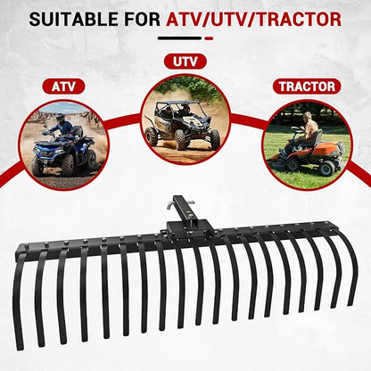 55" Durable Tow Behind Landscape Rake Tractors Rake Fits 2" Receiver for Lawn Tractors or ATV/UTV，Black