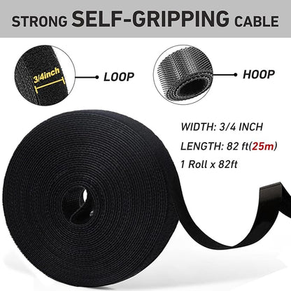 82ft 3/4 inch Fastening Cable Ties, Hitotsu Reusable Hook and Loop Roll, Self-Gripping Bundling Strips for Cord Manage,Home, Office, Electrical Cords, Host Room, Black