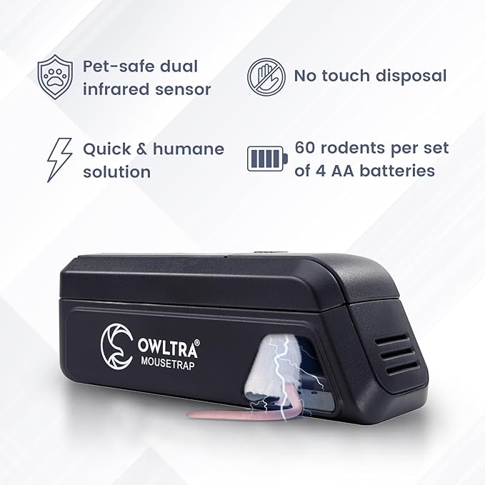 OWLTRA Indoor Electric Mouse Trap, Instant Eliminate Rodent Zapper with Pet Safe Trigger, Black, Small