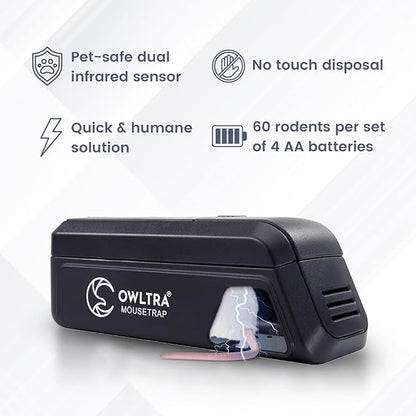 OWLTRA Indoor Electric Mouse Trap, Instant Eliminate Rodent Zapper with Pet Safe Trigger, Black, Small