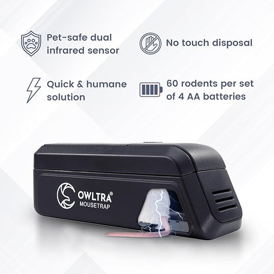 OWLTRA Indoor Electric Mouse Trap, Instant Eliminate Rodent Zapper with Pet Safe Trigger, Black, Small
