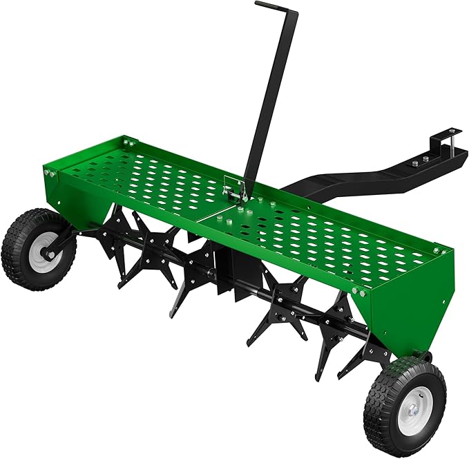 40" Lawn Aerator Tow Behind, Pull Behind Aerator with Universal Hitch, 24 Galvanized Steel Tines, Tray and Pneumatic Tires, Plug Behind Aerator is Suitable for Gardens, Lawns and Farms