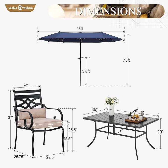 Sophia and William Patio Dining Set for 6, 13ft Patio Umbrella Navy Blue, Removable Seat Cushions, Black 59" Patio Dining Table