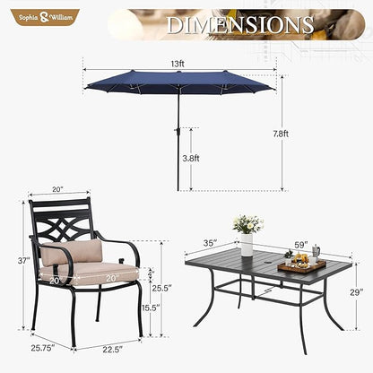 Sophia and William Patio Dining Set for 6, 13ft Patio Umbrella Navy Blue, Removable Seat Cushions, Black 59" Patio Dining Table