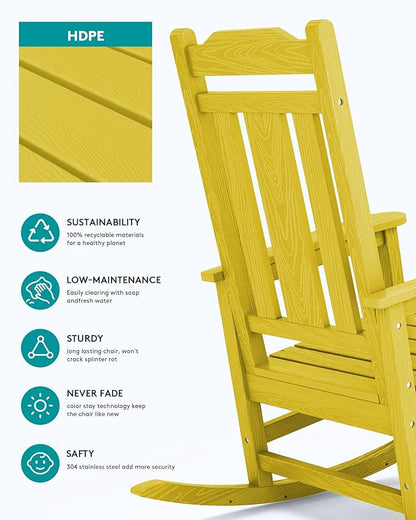SERWALL Outdoor Rocking Chair Set of 4, Patio Rocking Chairs Set, HDPE Rocking Chair Outdoor for Adults, Heavy Duty Front Porch Rocker, Yellow