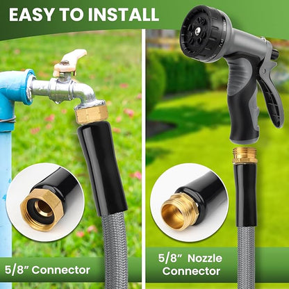 KLABB 20FT Garden Hose 5/8" with Solid Brass Connectors & 10-Function Nozzle – Lightweight Flexible PET Steel Hose, No-Kink, Rustproof & Leak-Free for Garden, Driveway, Patio & Outdoor Cleaning