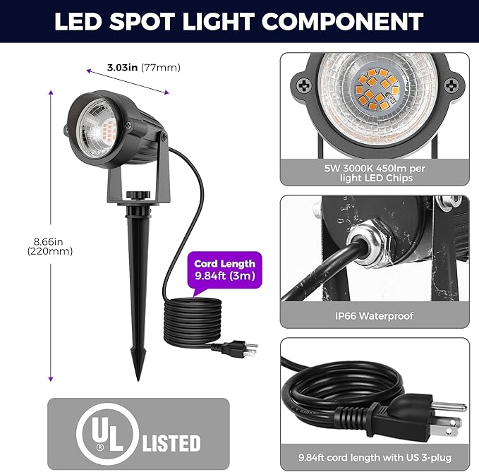 L LOHAS LED Halloween Spotlight Outdoor, Purple Spot Lights for Yard, Auto On/Off 5W 120V Landscape Lighting for House, Holiday, Trees, Decoration, 450LM IP66 Waterproof, UL Listed, 2 Pack