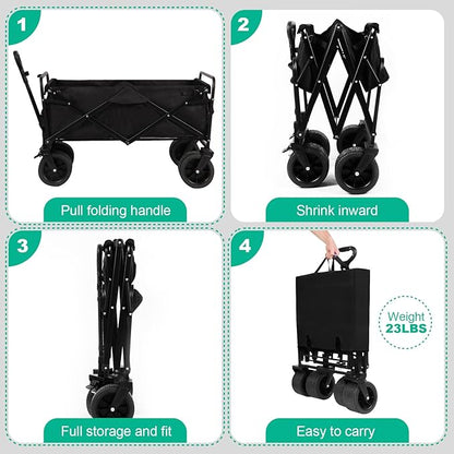 MMQ Heavy-Duty Folding 550 Lbs Collapsible Wagon with Big Wheels - Robust Construction, Spacious Interior, Adjustable Rolling Carts, Outdoor Folding Camping Wagons, Portable Utility Cart (Black)
