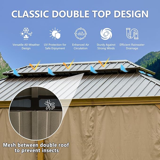 12’ x 20’ Hardtop Gazebo Outdoor Aluminum Wood Grain Gazebos with Galvanized Steel Double Canopy for Patios Deck Backyard,Curtains&Netting by domi outdoor living
