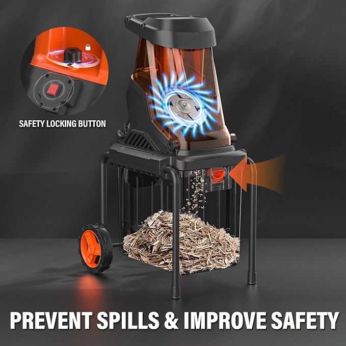 MAXLANDER 15-Amp Electric Wood Chipper, Shredder Mulcher with 50L Collecting Bin, 1.8-Inch Cutting Diameter for Mulching, Composting and Yard Cleanup 15:1 Reduction