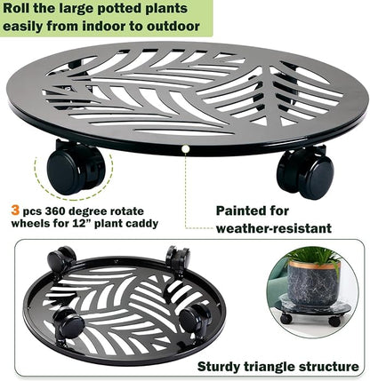 1 Packs Large Metal Plant Caddy with PU Wheels 13.6" Heavy-Duty Wrought Iron Rolling Plant Stands Indoor Outdoor Wheeled Plant Dolly Planter Mover Rollers Plant, Leaf Style