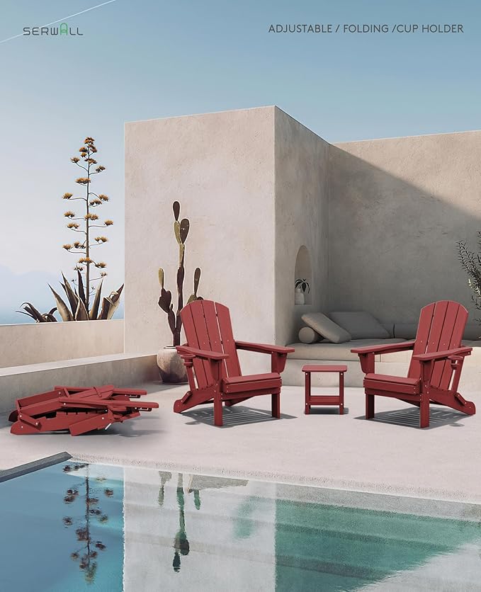 SERWALL Adjustable Folding Adirondack Chair, Reclining Adirondack Chair with Cup Holder, Red