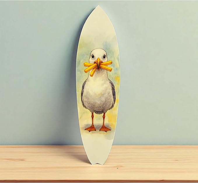 JennyGems Funny Seagull Surfboard Wall Art – Coastal Beach Decor, Seagull with Fries, Outdoor PVC Surfboard Sign (3 Foot)