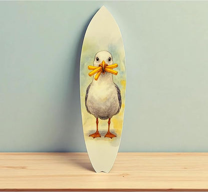 JennyGems Funny Seagull Surfboard Wall Art – Coastal Beach Decor, Seagull with Fries, Outdoor PVC Surfboard Sign (3 Foot)