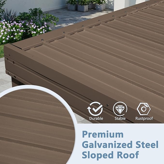 Domi 8’ x 8’ Wall-Mounted Hardtop Gazebo Pergola – Permanent Lean-to Outdoor Shelter with Sloped Galvanized Steel Roof & Upgraded Drainage – Grey Metal Patio Cover for Backyard, Deck, Garden, Brown
