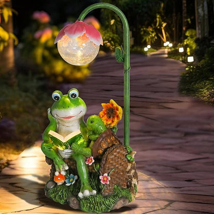A-First Solar Garden Outdoor Statues Frog Turtle Reading Sculptures Figurine with Solar Lights for Patio Balcony Yard Ornament Outdoor Decor Gift