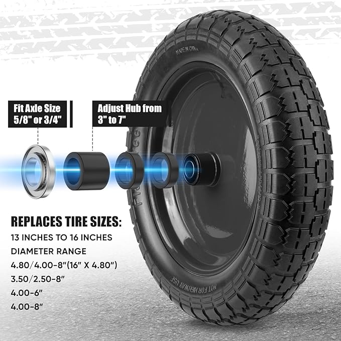 TICONN 4.80/4.00-8 Tire, 14.5" Flat Free Wheelbarrow Tire and Wheel, Solid Replacement Tires with 3" Centered Hub, 5/8" 3/4" Bearings, Universal Fit 4.80/4.00-8, 3.50/3.00-8, 4.00-6 (Black)