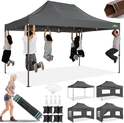 COBIZI 10x15 Pop Up Heavy Duty Canopy with 4 Sidewalls and Hexagonal Legs, Easy up Tent for Parties, Commercial and Wedding, Outdoor Canopy with Roller Bag, Sand Bags, Waterproof & UPF50+ (Gray)