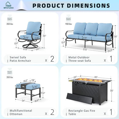 MFSTUDIO 6 Pieces Patio Furniture Sets with 45" Gas Fire Pit Table(Up to 7 Seat),Outdoor Metal Conversation Sofas with 1 x 3-Seat Sofa, 2 Swivel Chairs and 2 Ottoman,Blue Cushion