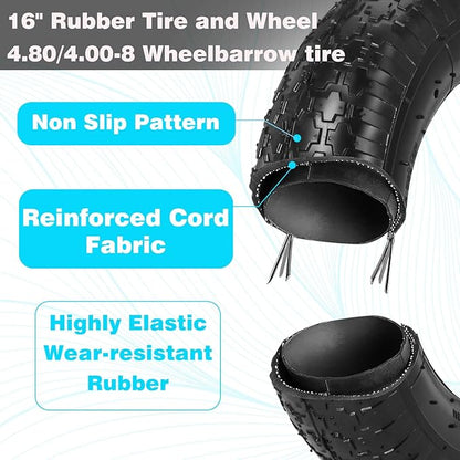 16” Pneumatic Wheelbarrow Tires 4.80/4.00-8" Tire and Wheel with 5/8" 3/4" Bearings 3-7” Centered Hub for Wheelbarrows Garden Trailer Garden Carts Wagon