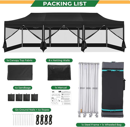COBIZI 10x30 Heavy Duty Pop Up Canopy with 8 Sidewalls, Commercial Gazebo Party Tent with Mosquito Netting Wall Easy Set Up Outdoor Instant Screen Tent for Backyard, Patio, Garden, Black