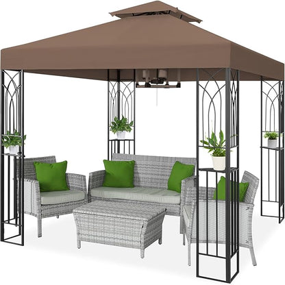 COOS BAY 8x8 Outdoor Patio Gazebo with Corner Shelves, Two-Tier Soft Top Canopy for Backyard, Lawn, Deck and Garden, Brown