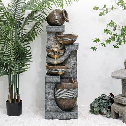 SunJet 5-Tiers Indoor/Outdoor Garden Water Fountain - 42.5inches Modern Floor-Standing Cascading Water Feature - Suitable for Deck, Patio, Porch, Yard Decor