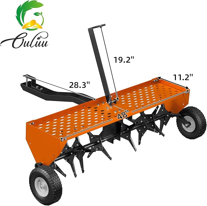 48" Lawn Aerator Tow Behind, Pull Behind Aerator with Universal Hitch, 32 Galvanized Steel Tines, Tray and Pneumatic Tires, Plug Behind Aerator is Suitable for Gardens, Lawns and Farms