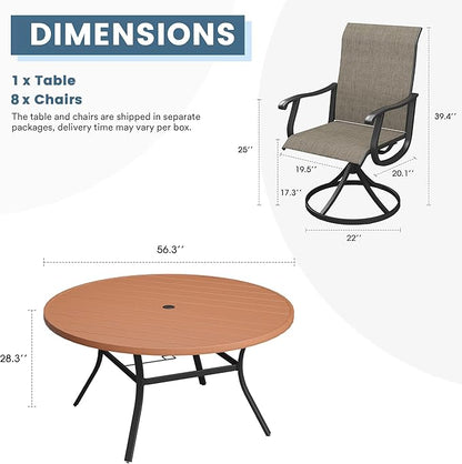 DIFY 9 Pieces Outdoor Patio Dining Set, 8 Brown Textilene Swivel Dining Chairs and 56.3" Walnut Round Dining Table with Faux Wood Top, Outdoor Table and Chairs