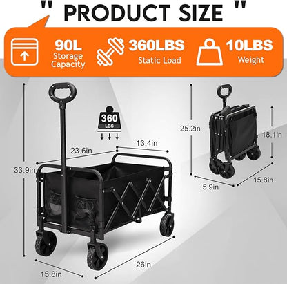 Collapsible Wagon Cart with Wheels, 360 lbs Wagons Carts Foldable Wagon Cart with Flexible Handle, Lightweight Portable Folding Utility Grocery Shopping Cart for Camping Grocery Sports Garden