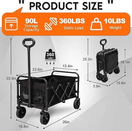 Collapsible Wagon Cart with Wheels, 360 lbs Wagons Carts Foldable Wagon Cart with Flexible Handle, Lightweight Portable Folding Utility Grocery Shopping Cart for Camping Grocery Sports Garden