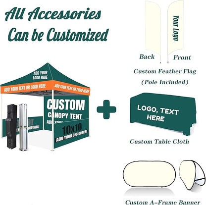 Custom Canopy Tent 10x10 with Logo, Custom 10x10 Pop Up Canopy Tent, Nano-Grade Water Repellent Heavy Duty for Business, w/Roller Bag (1 Full Wall + 2 Half Wall)
