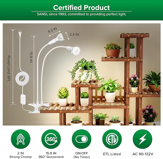 SANSI LED Grow Lights for Indoor Plants, 300W Full Spectrum Clip-on Gooseneck Grow Light with Ceramic Tech.,20W Power Plant Light with Optical Lens for High PPFD, Lifetime Free Bulbs Replacement White