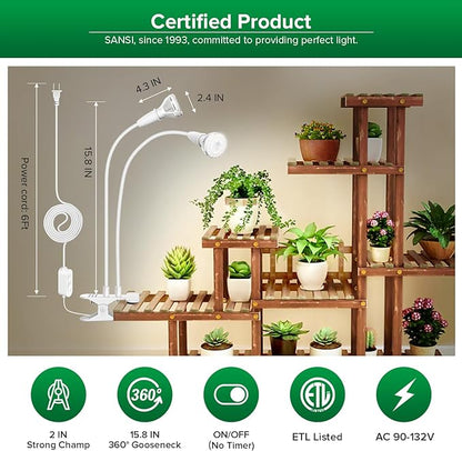 SANSI LED Grow Lights for Indoor Plants, 300W Full Spectrum Clip-on Gooseneck Grow Light with Ceramic Tech.,20W Power Plant Light with Optical Lens for High PPFD, Lifetime Free Bulbs Replacement White